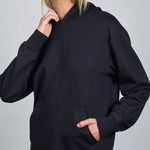 comfiknit sky hoodie black closeup women
